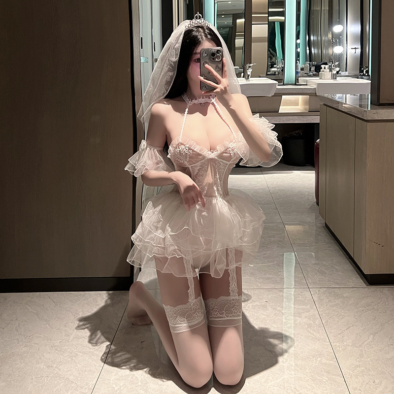 内衣性感白色头纱婚纱套装新娘制服诱惑纯欲挑逗火辣