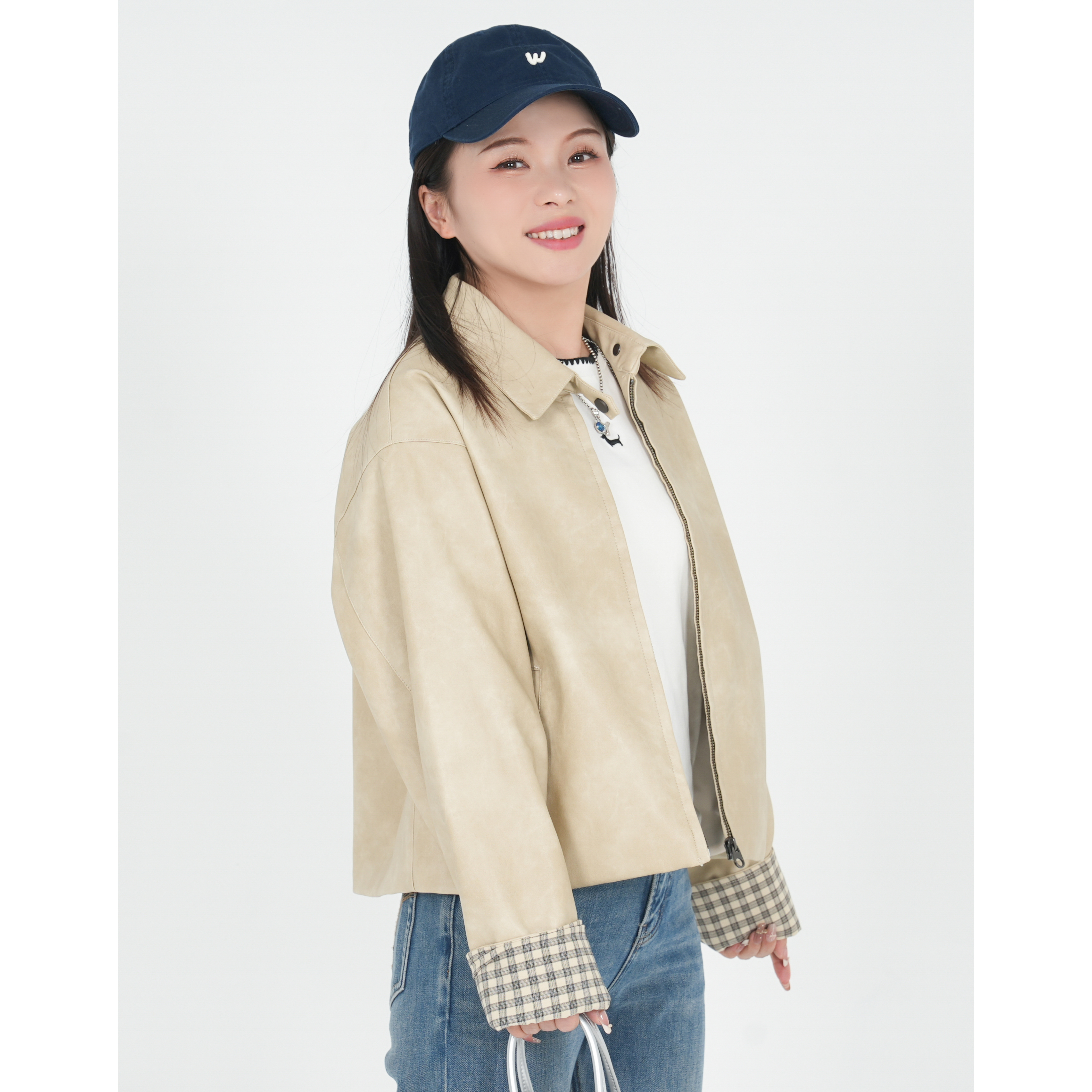 小个子圆圆85148春季新款卷边袖短款皮衣夹克柔软短款百搭外套女