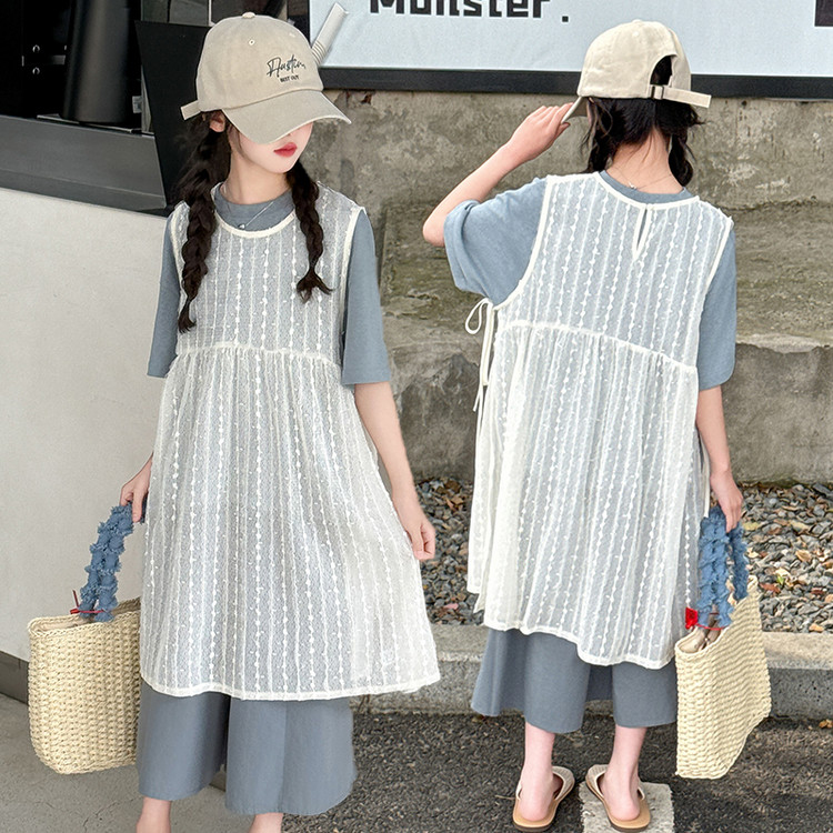T612甜美薄款时尚公主裙夏季宽松纯色韩版裙子套装女孩套头三件套