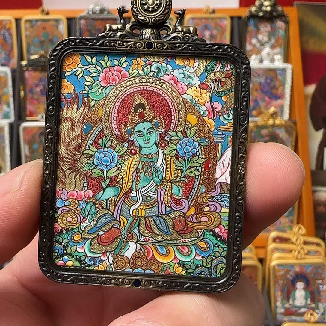 吊坠绿度母唐卡，热贡纯手绘！