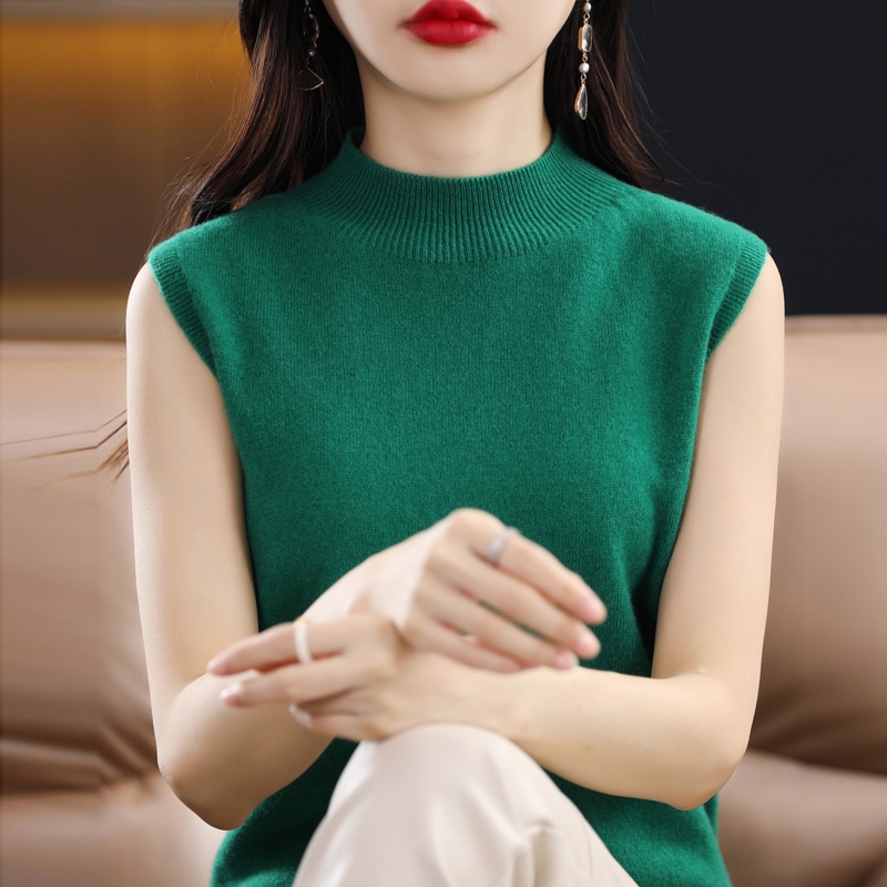 女士宽松纯吊带衫衫半高领针织100%纯澳毛一线螺纹无袖半高ZM880