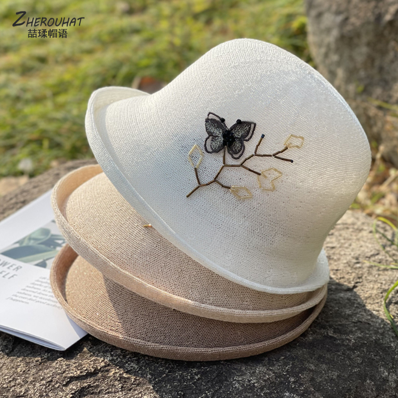 新款手工刺绣蝴蝶渔夫帽女士夏天薄款遮阳旅游帽妈妈卷边高级礼帽