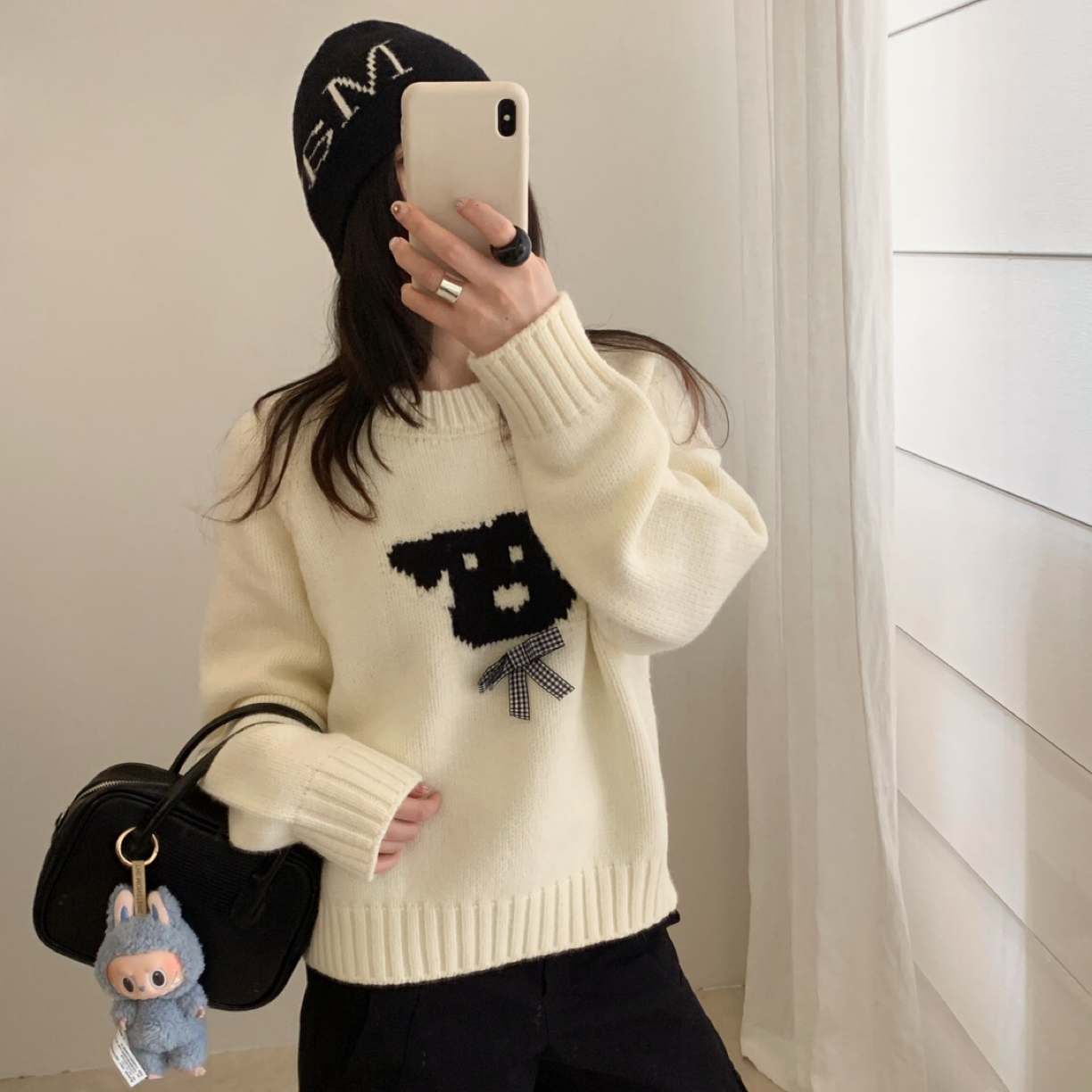 【周周家】60930#蝴蝶结狗狗提花毛衣