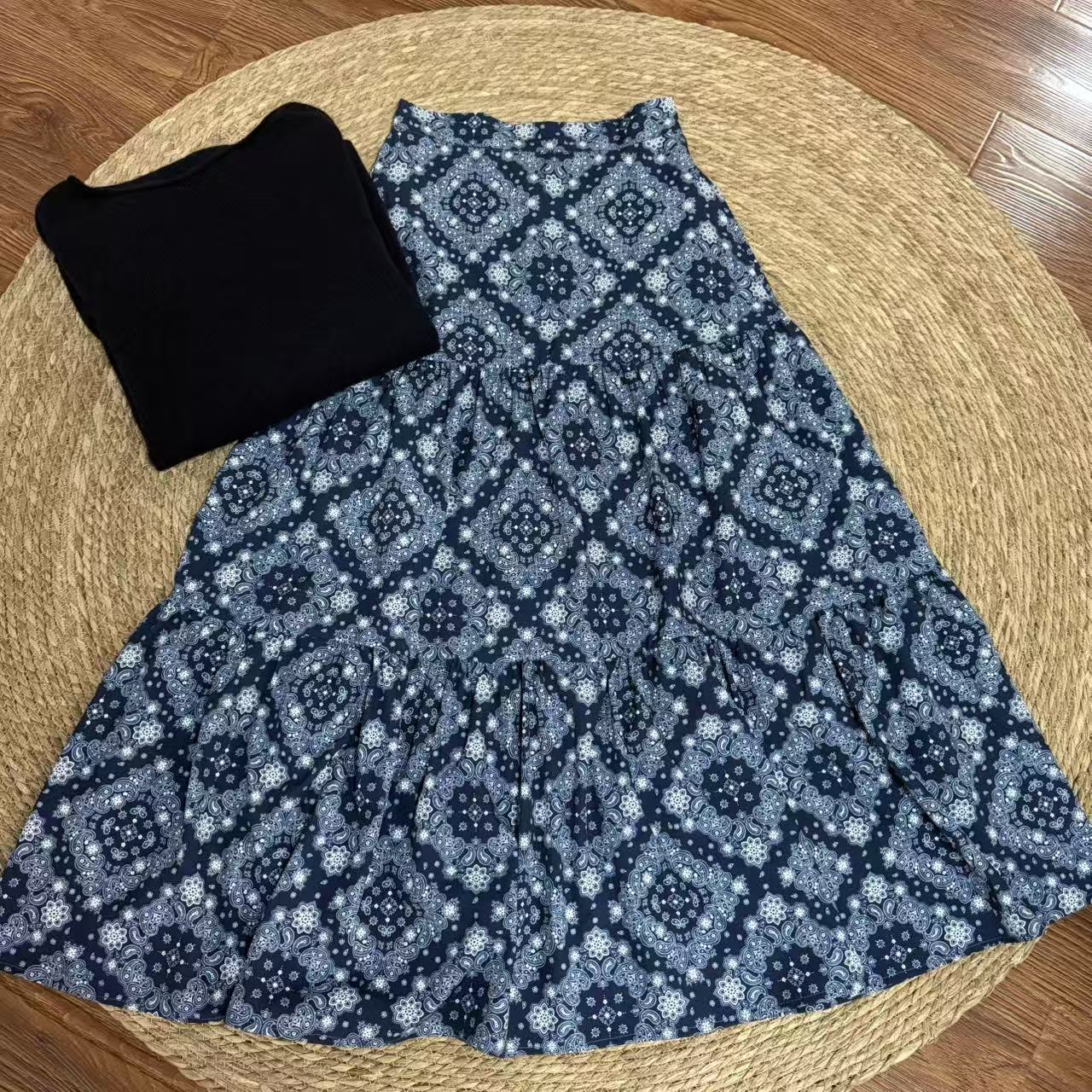 【那尚新品】秋季新款气质简约青花瓷显瘦半裙