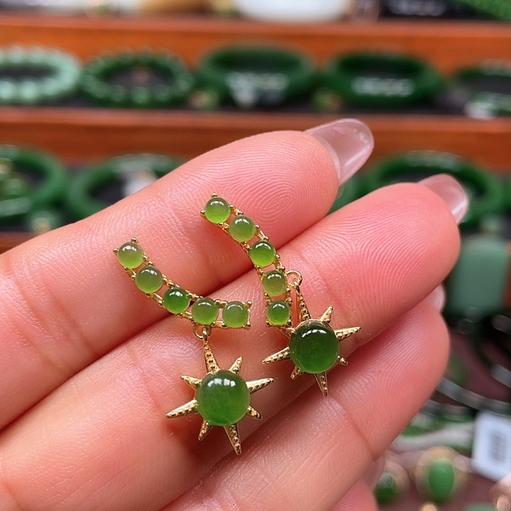 和田玉（碧玉）耳饰银S925镶嵌