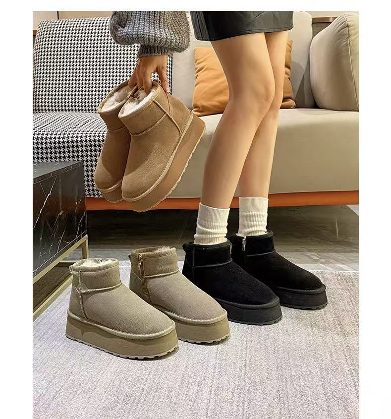明星同款内增高拉链真皮羊毛一体不塌底超轻防滑短筒羊毛雪地靴女