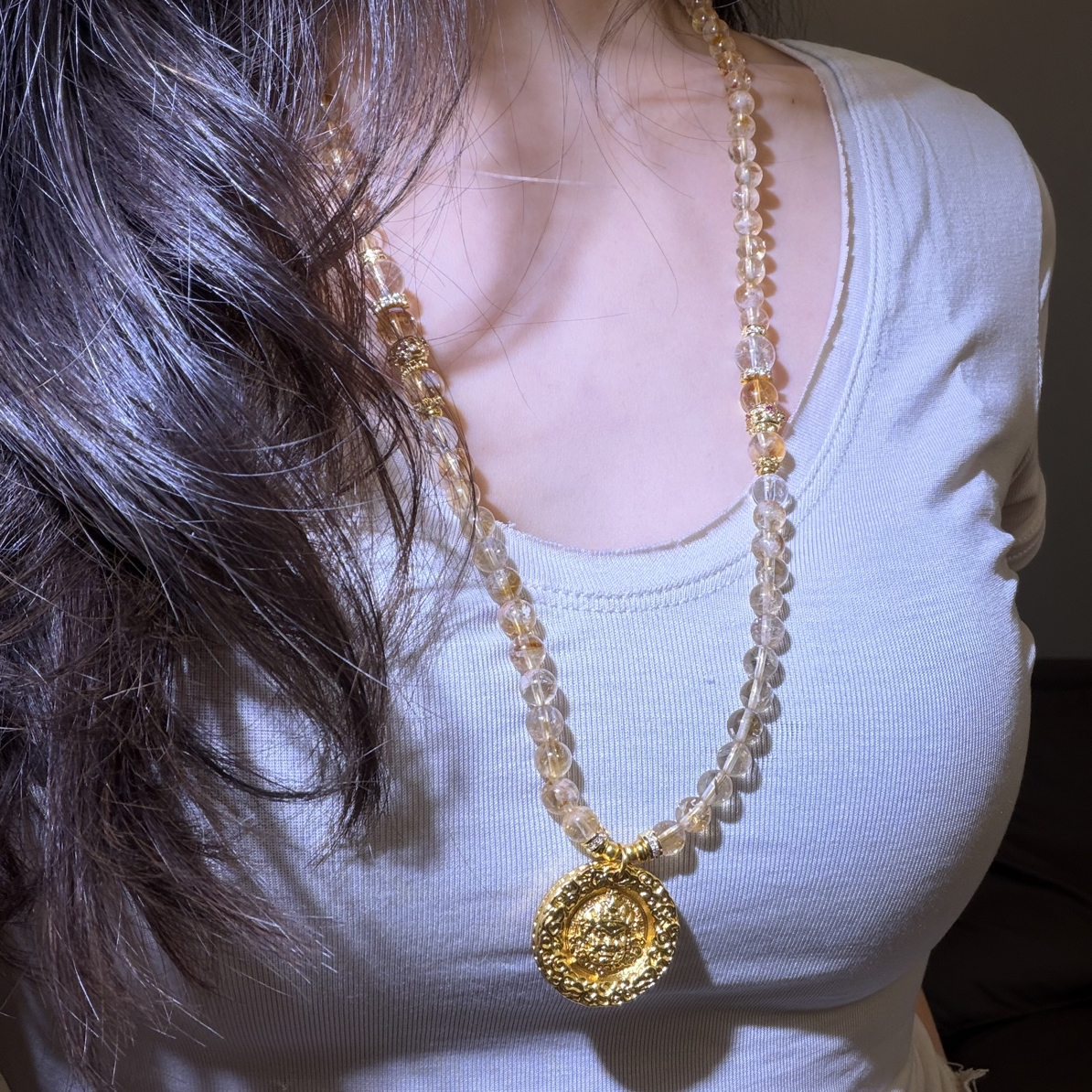 铜合金项链 饰品黄财神招财进宝黄塔晶项链链条长款颈链