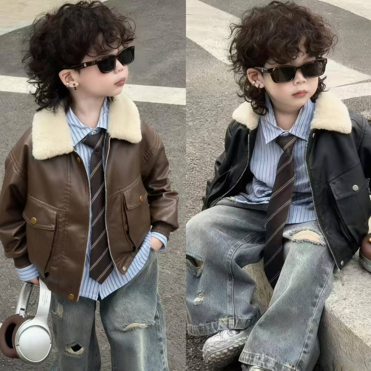 幂姐童装 儿童皮衣外套2025新款秋冬季软上衣复古皮衣夹克外套