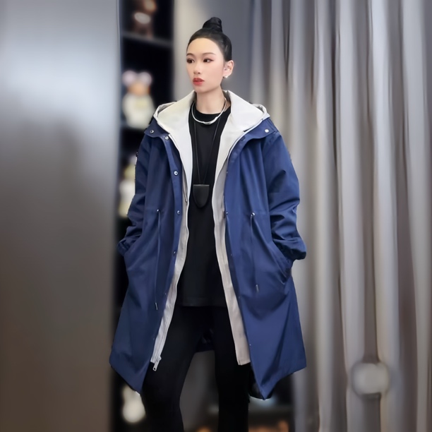 风衣女中长款宽松假两件大码韩版时尚连帽休闲潮流显瘦春秋外套