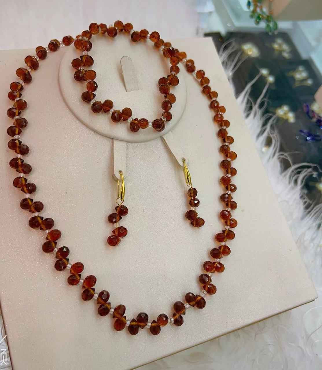 铜合金仿水晶项链 红色时尚女款水晶三件套00010