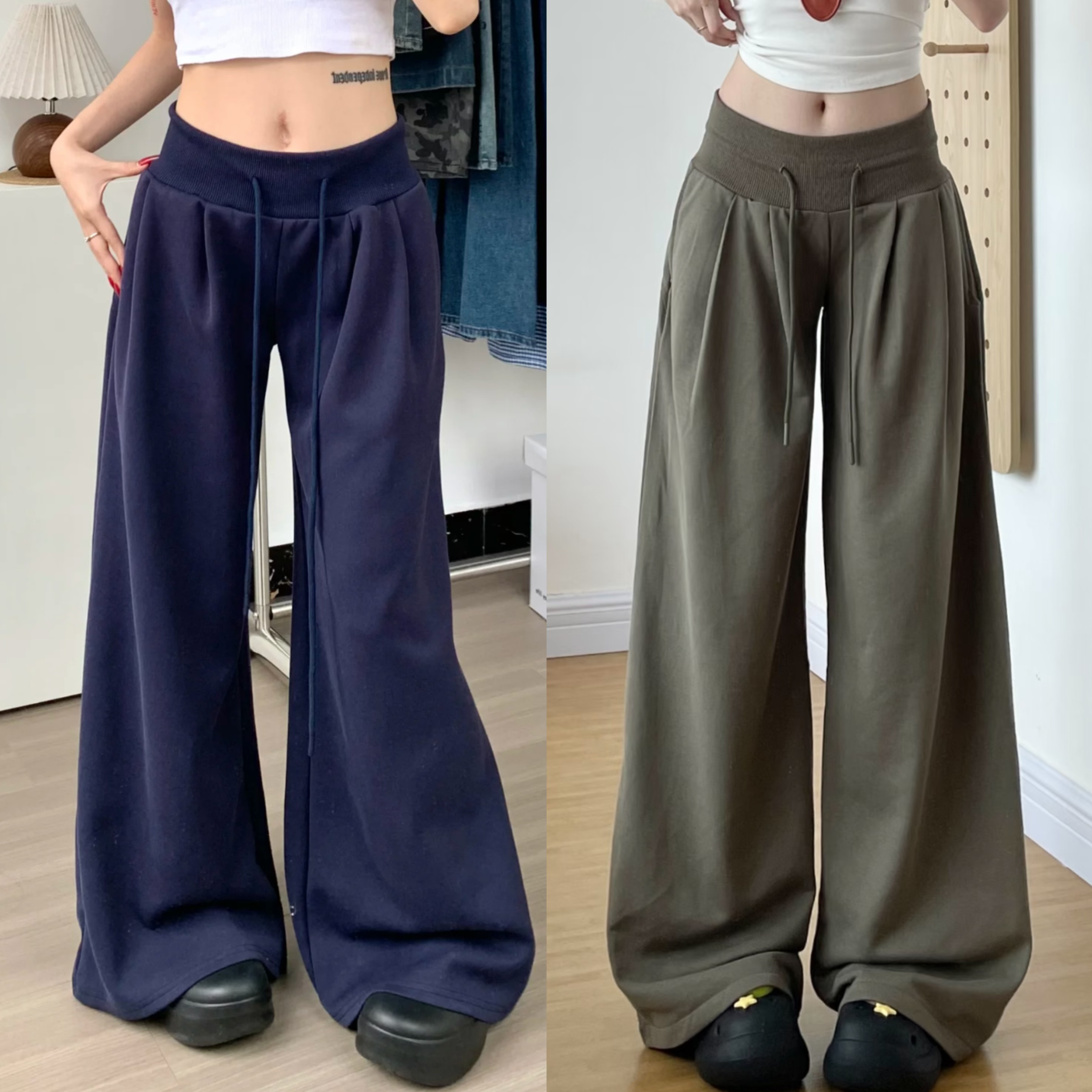 复古美式 高质棉款宽腰系带螺纹提臀低腰显瘦运动卫裤