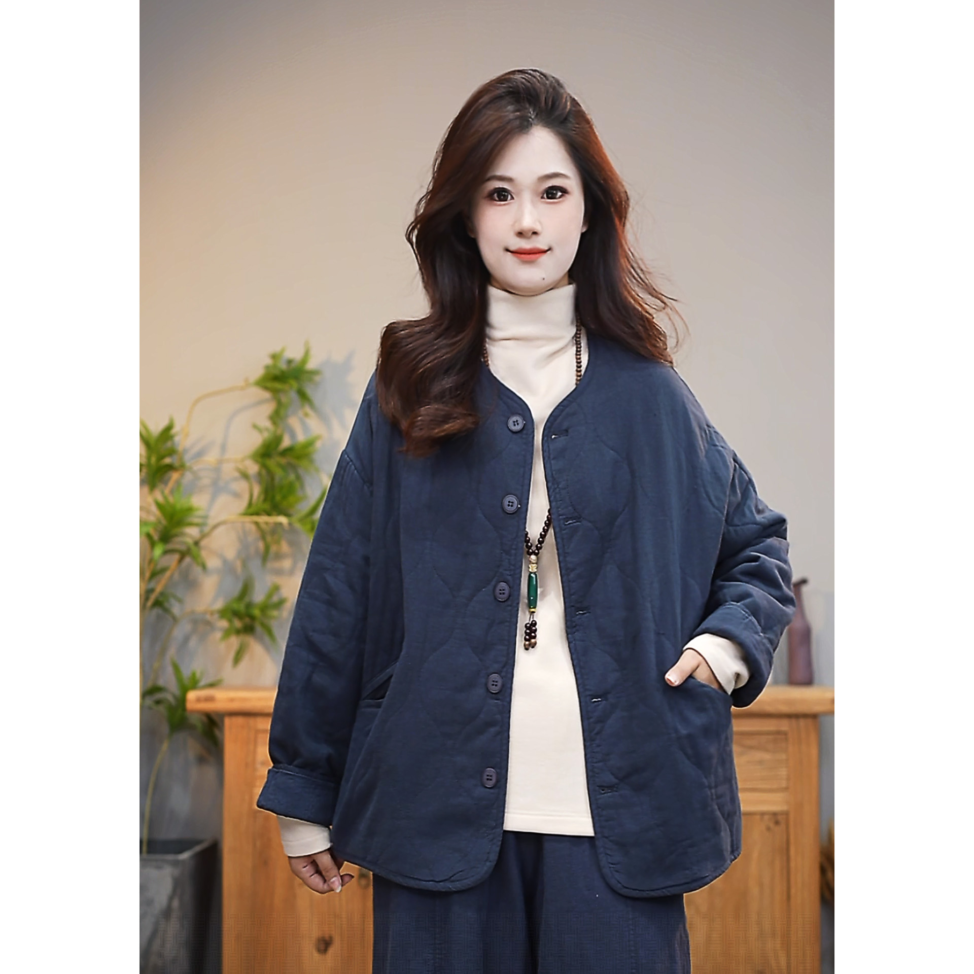 九月阿布亚麻棉衣冬季新款文艺复古休闲夹棉短款棉服外套7006