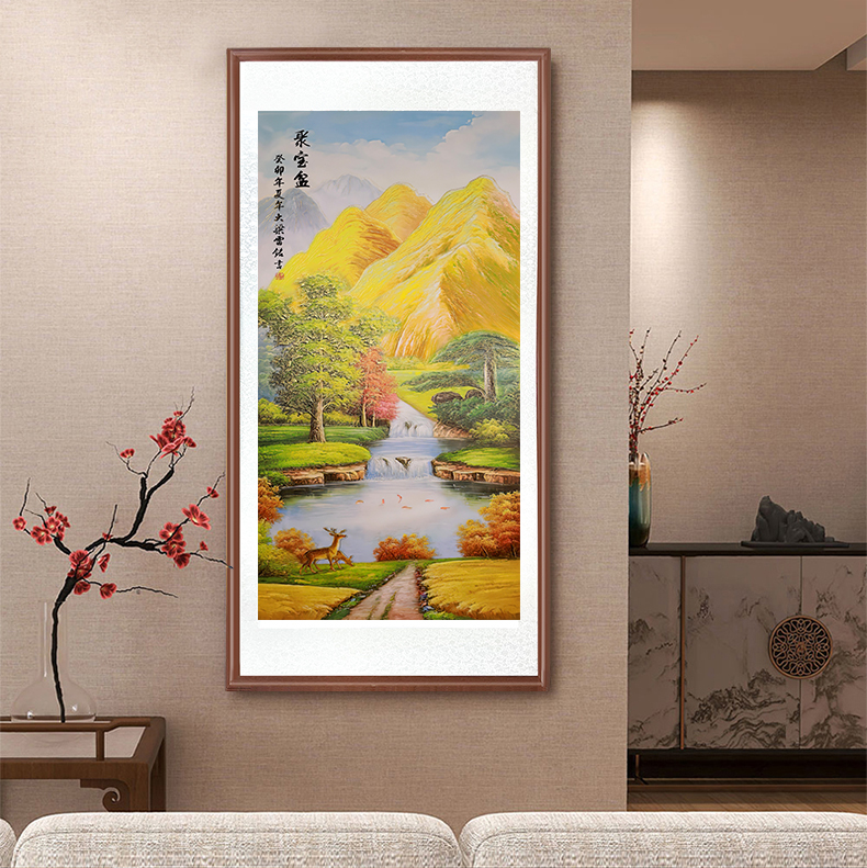 浮雕描金 带框装裱《聚宝盆》中式国画装饰画山水花鸟画