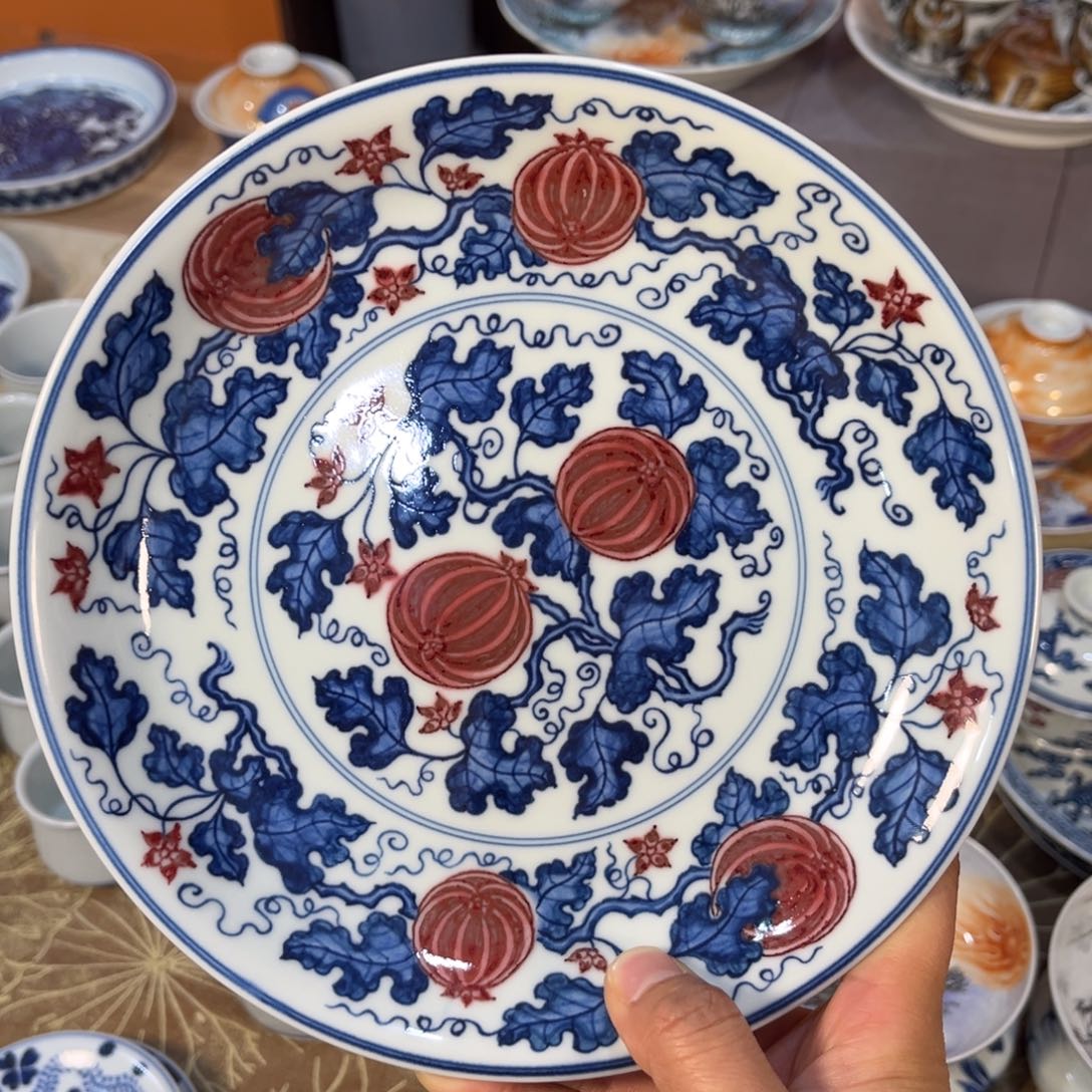 青花釉里红西瓜盘子壶承