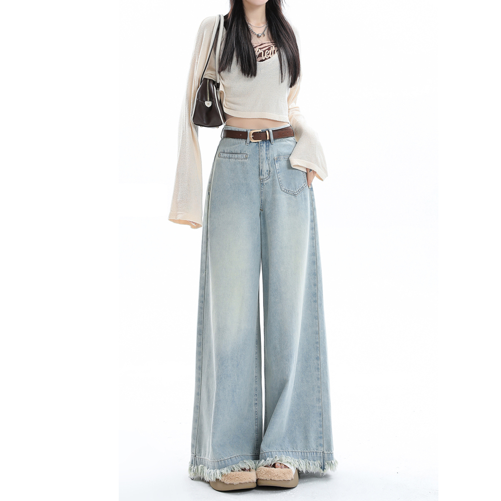 【微瑕】A22毛边阔腿牛仔女春秋高腰宽松浅色设计感小众垂感拖地裤
