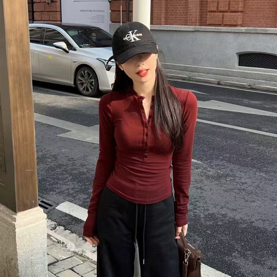 930825 半纽扣修身长袖t恤法式性感内搭上衣 TX/0104