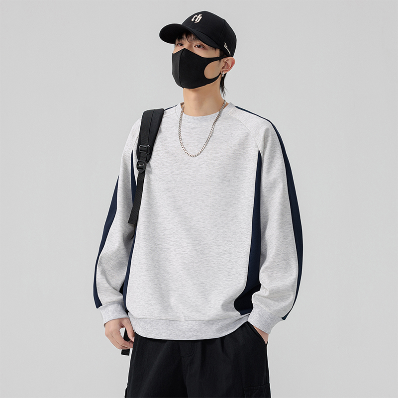 胖子大码男装潮流拼接撞色男士圆领加肥加大百搭休闲春季工装卫衣