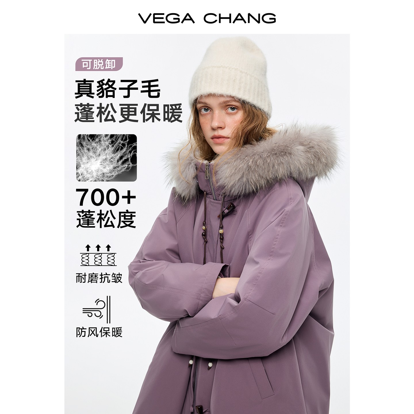 【伊犁野奢1.0】VEGACHANG真貉子毛领羽绒服女冬新款90安心绒0736JJ商品图