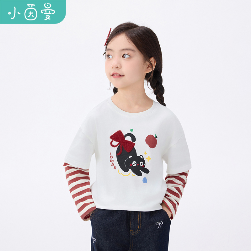 小茵曼女童拼接条纹t恤小猫印花25秋季大童圆领休闲上衣GF3853262