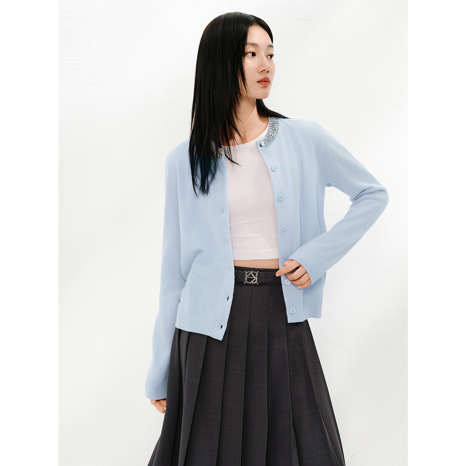 【丽公主专属】玖姿·安娜蔻KWFC30623全羊毛钉珠开衫针织衫女