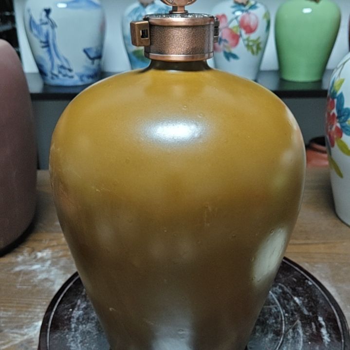 五斤窑变黄陶瓷酒坛金属盖瑕疵