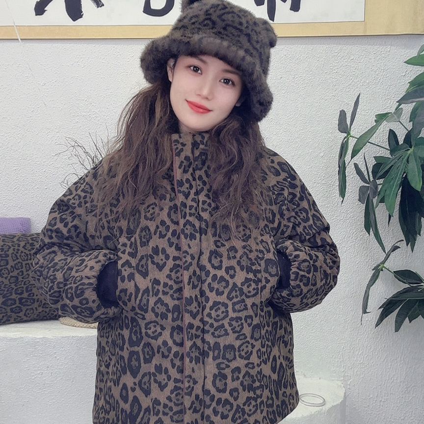 时尚印花短款连帽拉链款棉花加厚双面穿女士冬季保暖棉