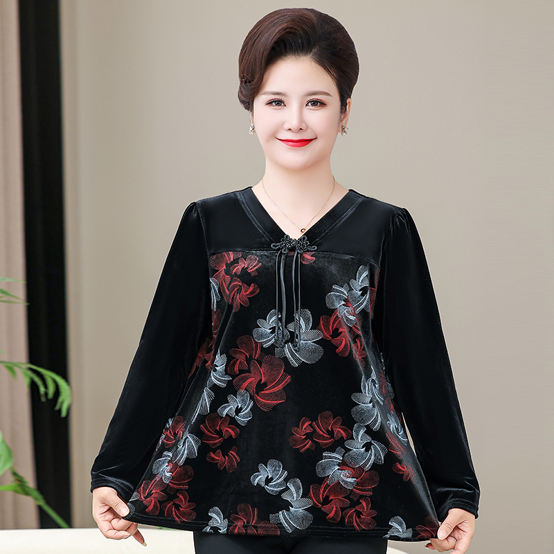 V领中老年女装春秋妈妈装薄款休闲气质长袖小衫宽松洋气奶奶装