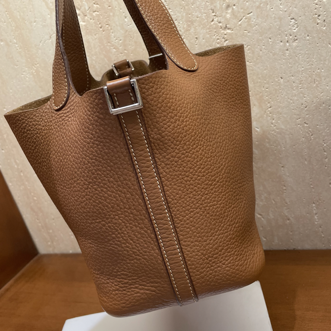95新 Hermes/爱马仕 9632 爱马仕菜篮子18 金棕 银扣 框P