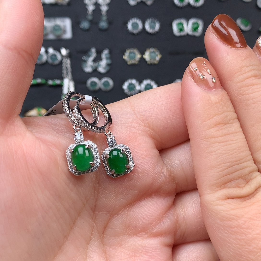 胖***墩翡翠银S925镶嵌耳饰