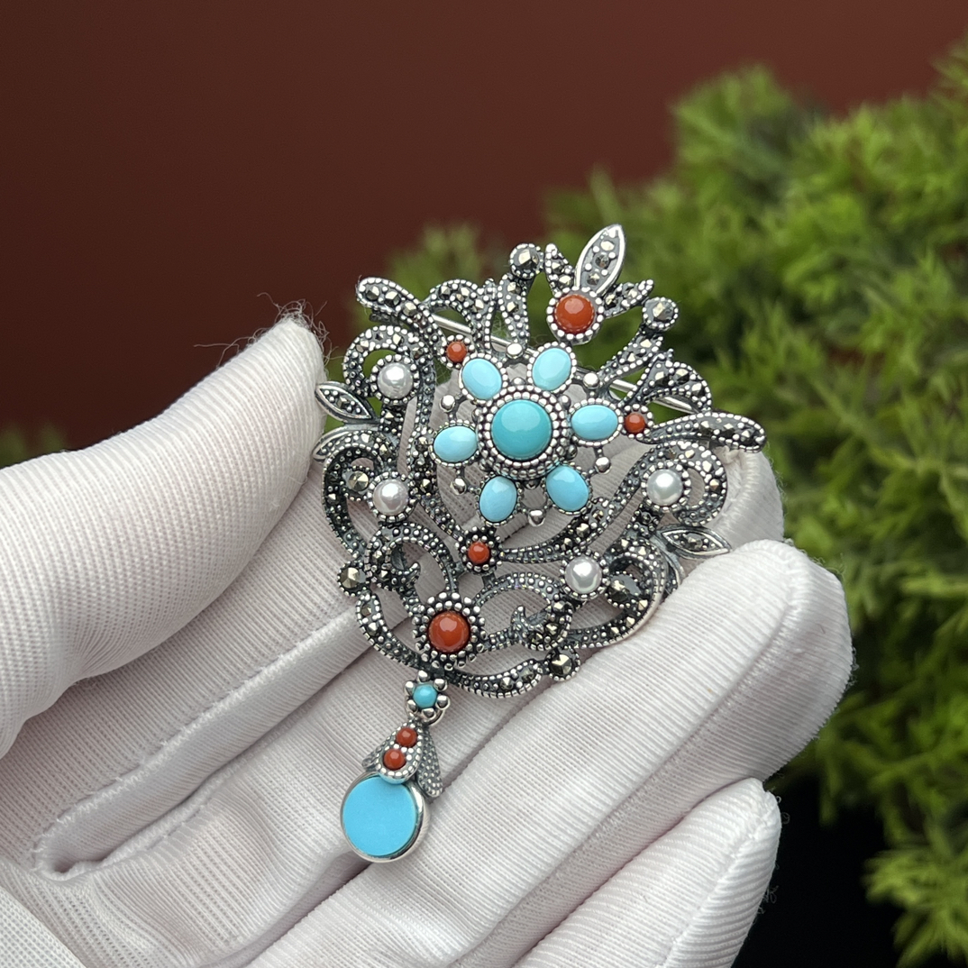 S925银镶嵌绿松胸针吊坠毛衣链挂件