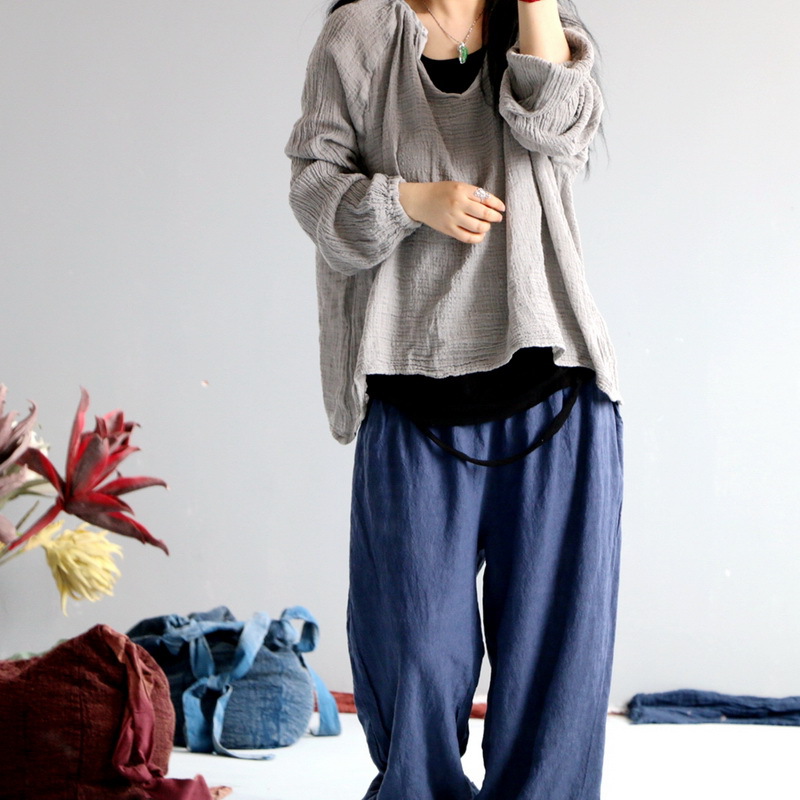 aka1679-A60春夏纯色宽松大版稀疏肌理棉麻薄料文艺上衣女