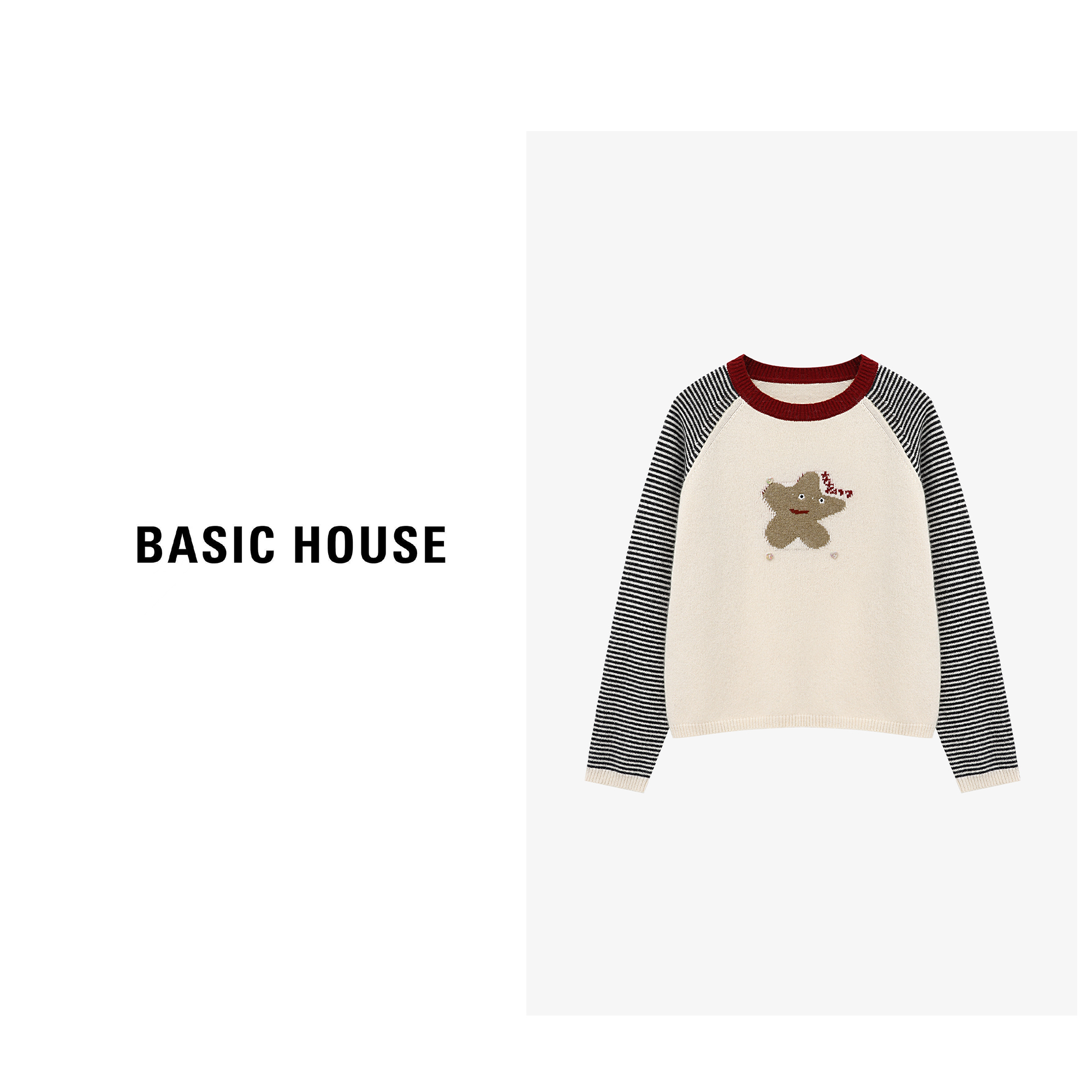 Basic House/百家好长袖针织时尚圆领秋冬拼接毛衣-B0625B5RYD2