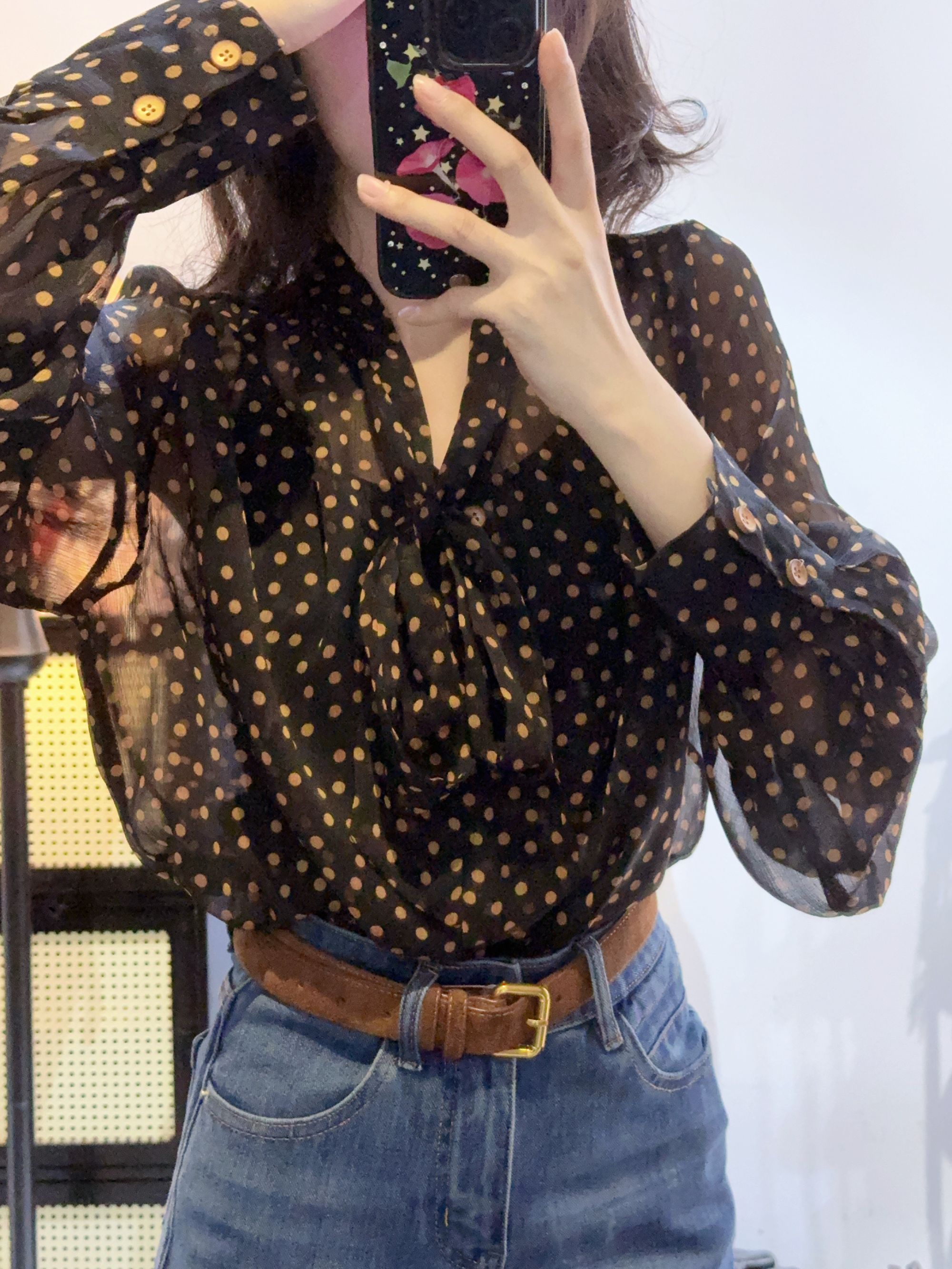 北池PiscineNord【十三令】V领系带波点雪纺长袖蝴蝶结衬衫