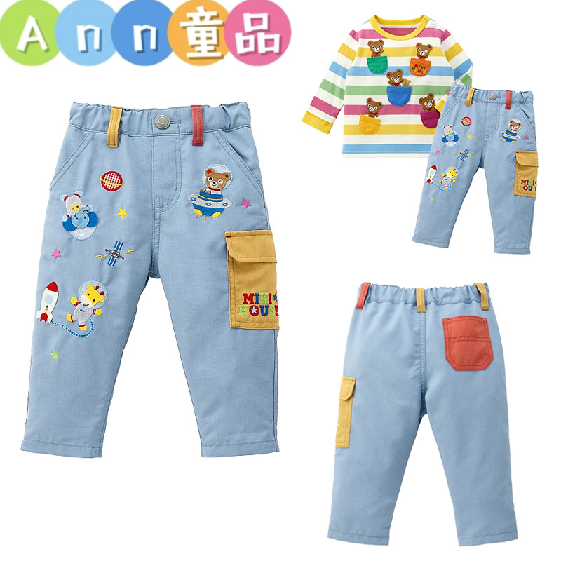 现货春季新款长裤 卡通可爱宇航员小熊徽章刺绣工装裤休闲裤