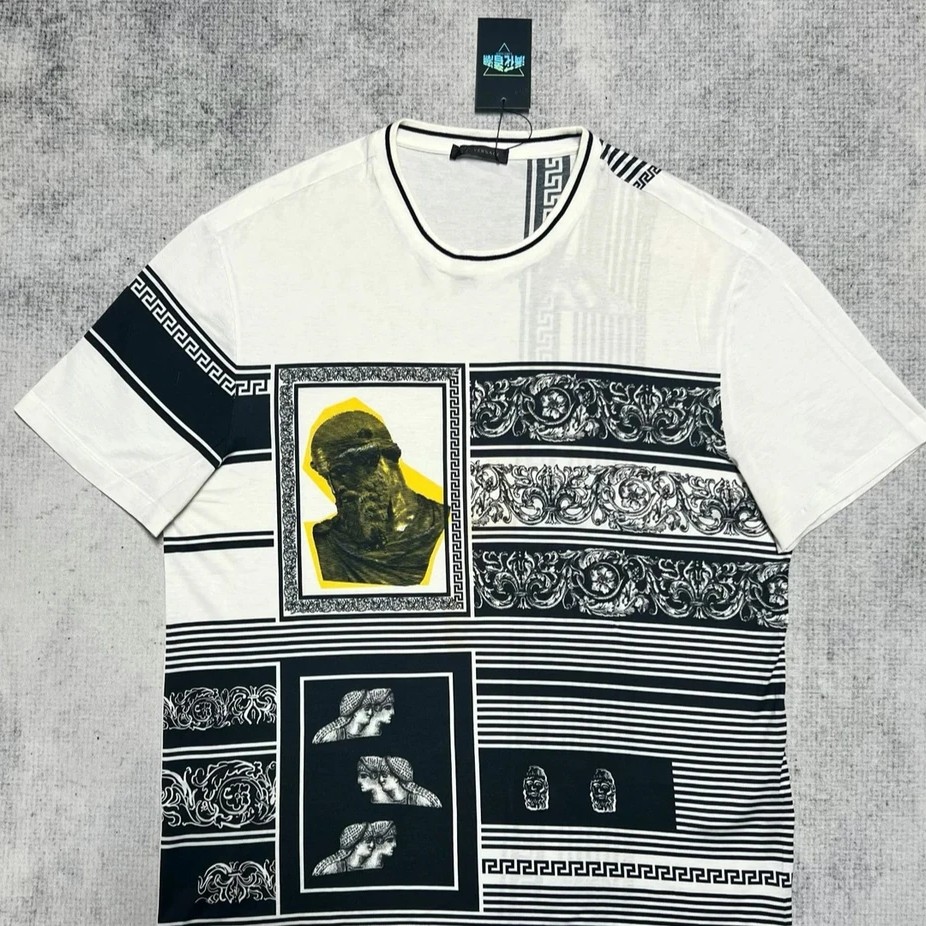99新 VERSACE/范思哲 艺术条纹印花白色短袖/L码 43558