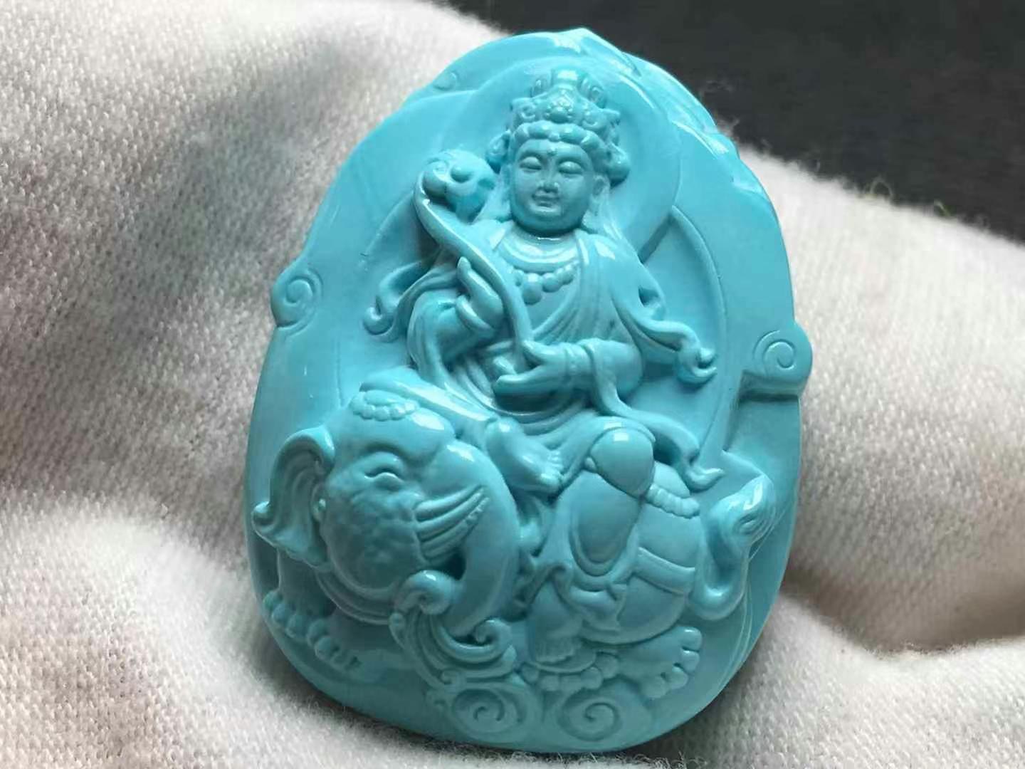 纯天然高瓷蓝精工雕刻普贤菩萨挂件，无水无油干料瓷釉级，收藏佳品