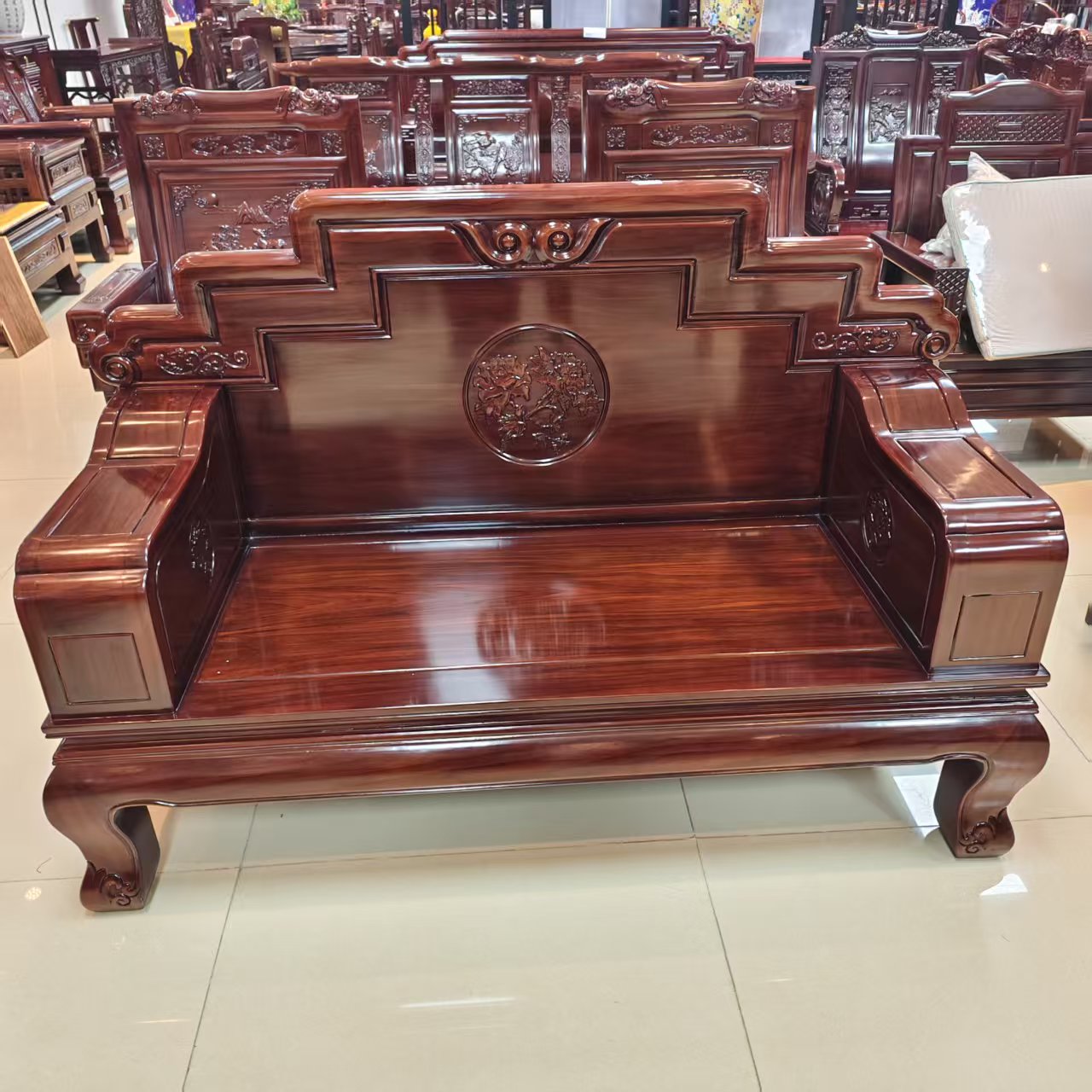 酸枝木 牡丹国色双人位尺寸：长158宽66坐高40背高103