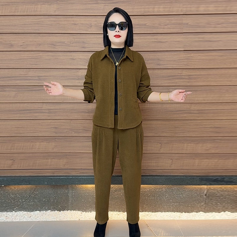 秋季新款纯色精品欧棉绒减龄时尚休闲宽松显瘦气质中老年套装