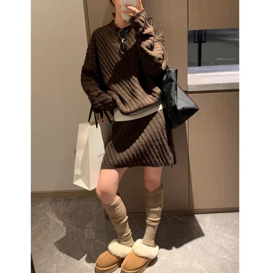 薇莎859【现货套装】彩点韩版简约宽松针织衫+高腰短裙慵懒风套装