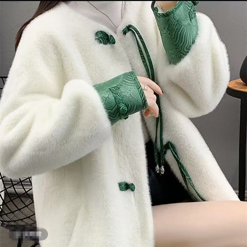 新中式盘扣外套仿水貂绒国风上衣时尚个性保暖女士秋冬款大衣
