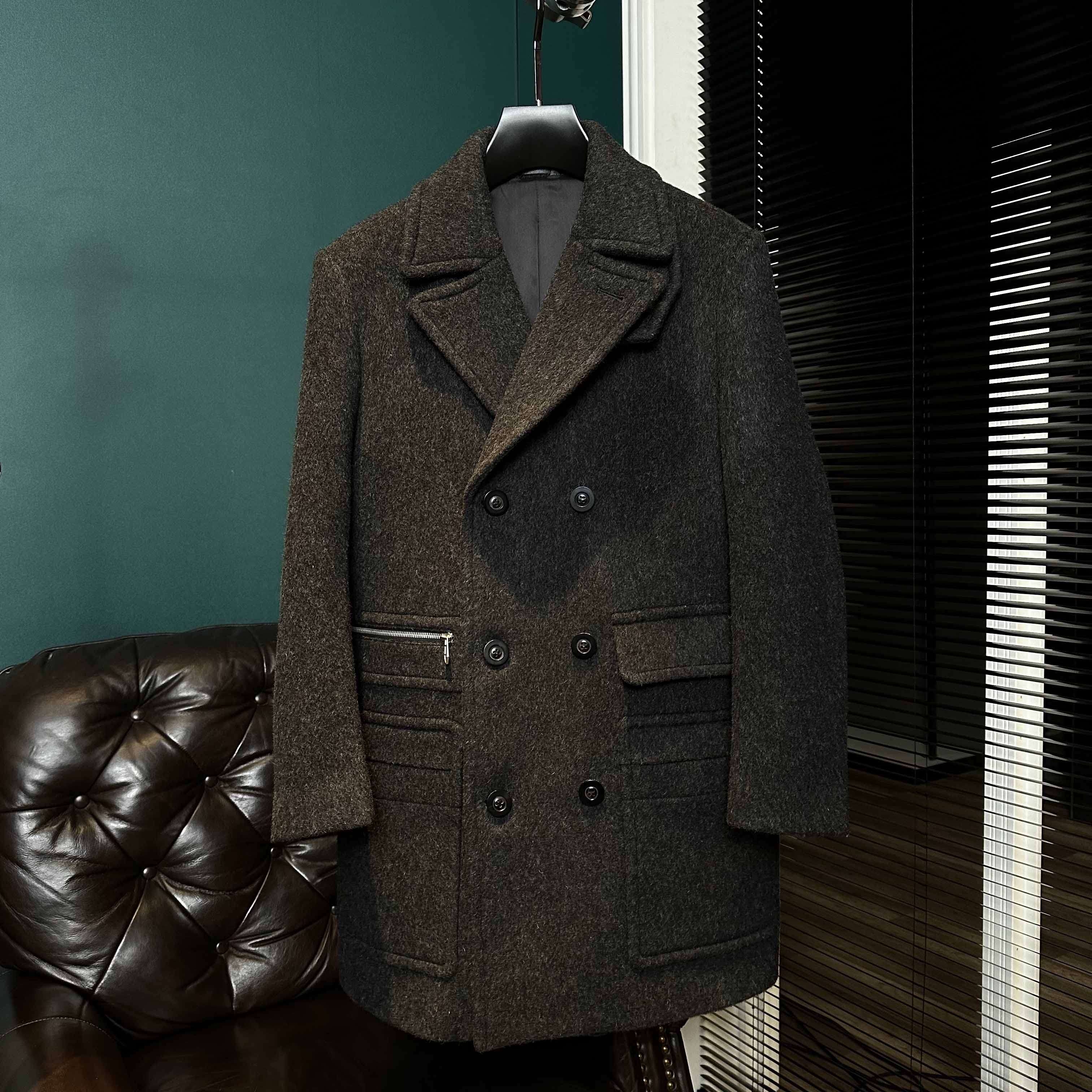 9931男装中长款高克重加厚双排扣宽松羊毛大衣冬季