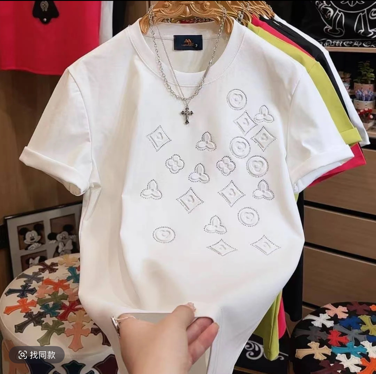 夏季新款多巴胺烫钻压花轻奢短袖男士痞帅百搭时尚潮流半袖T恤男