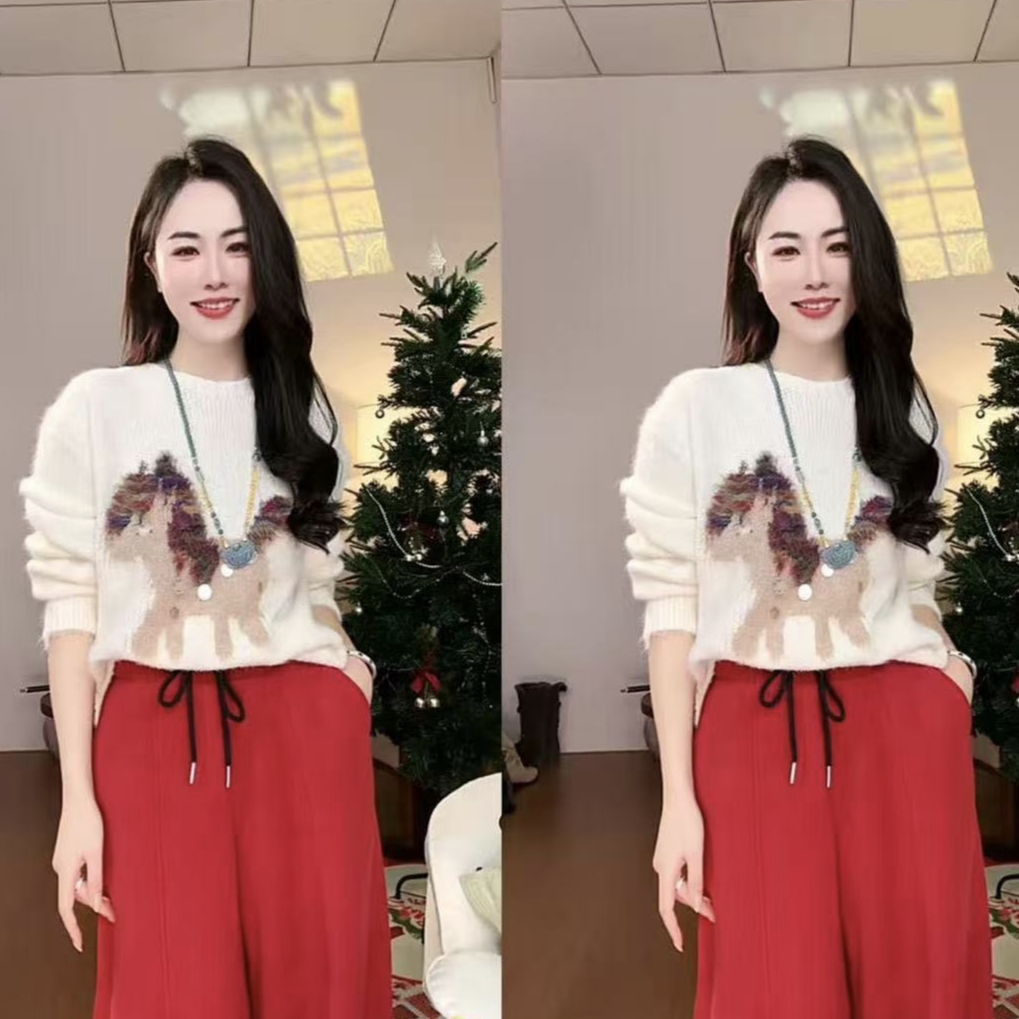 【婷姐家】欧货圆领马上有钱亮片高质好彩头百搭慵懒显瘦针织毛衣