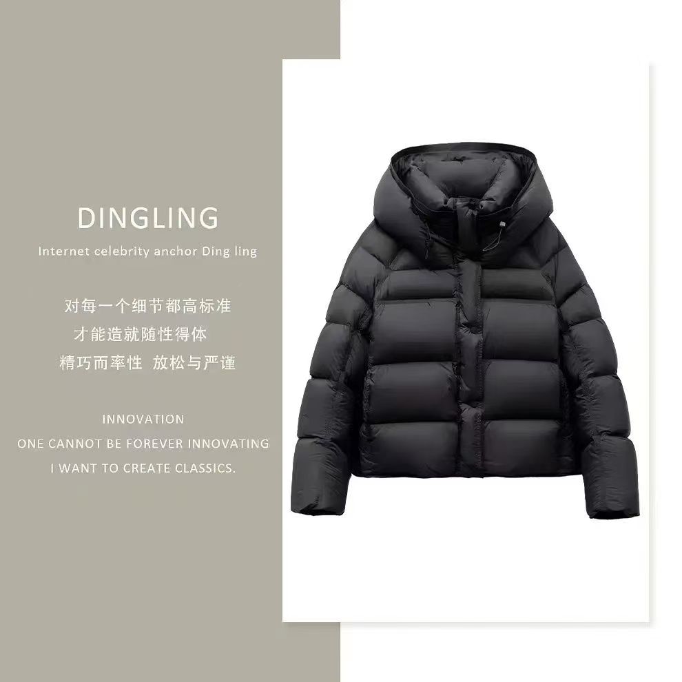 2025新品时尚简约休闲宽松女冬季泡芙短款保暖加厚连帽羽绒服56