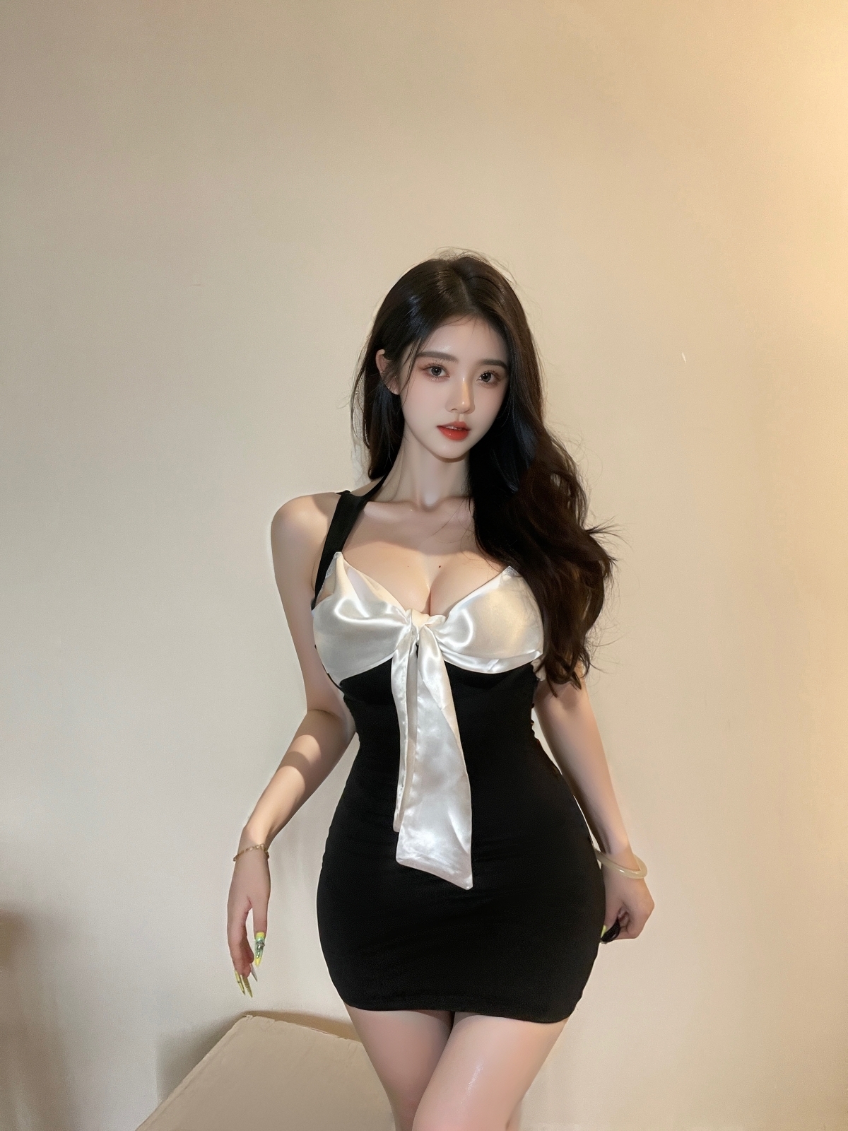 蝴蝶结拼接性感通用V领秘书睡裙露背连衣裙纯欲风