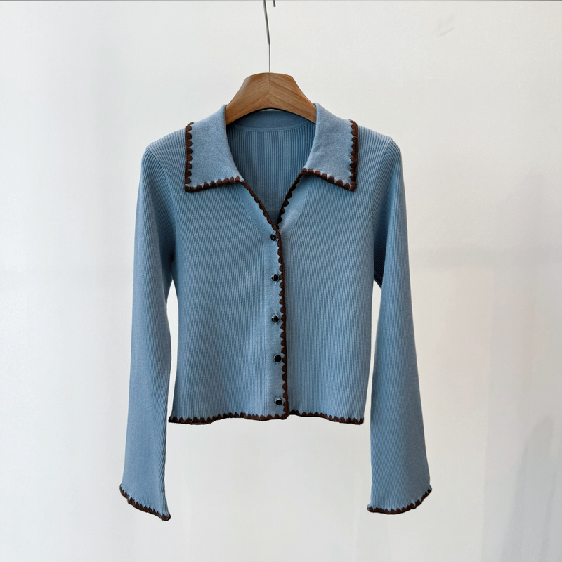 休闲风百搭针织时尚翻领撞色女士针织衫b357