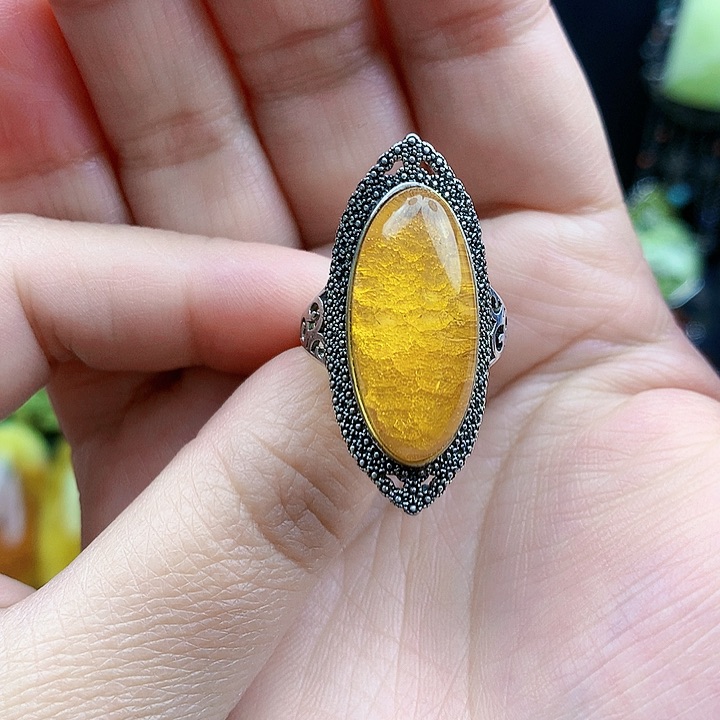 琥珀裸石银S925镶嵌戒指