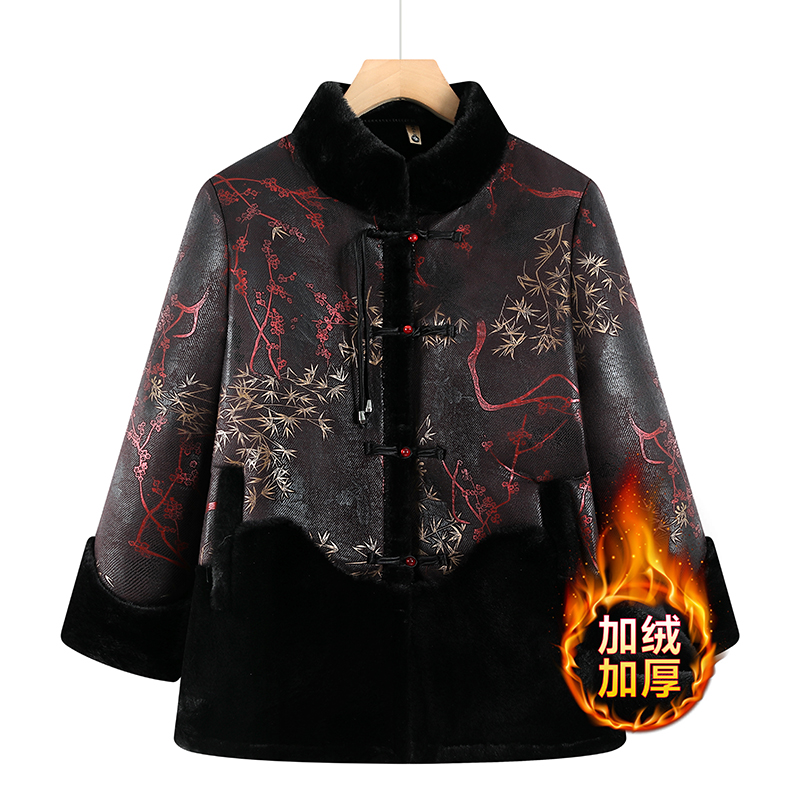 中老年人妈妈冬装外套加绒加厚毛领大衣仿皮毛一体奶奶装秋冬衣服