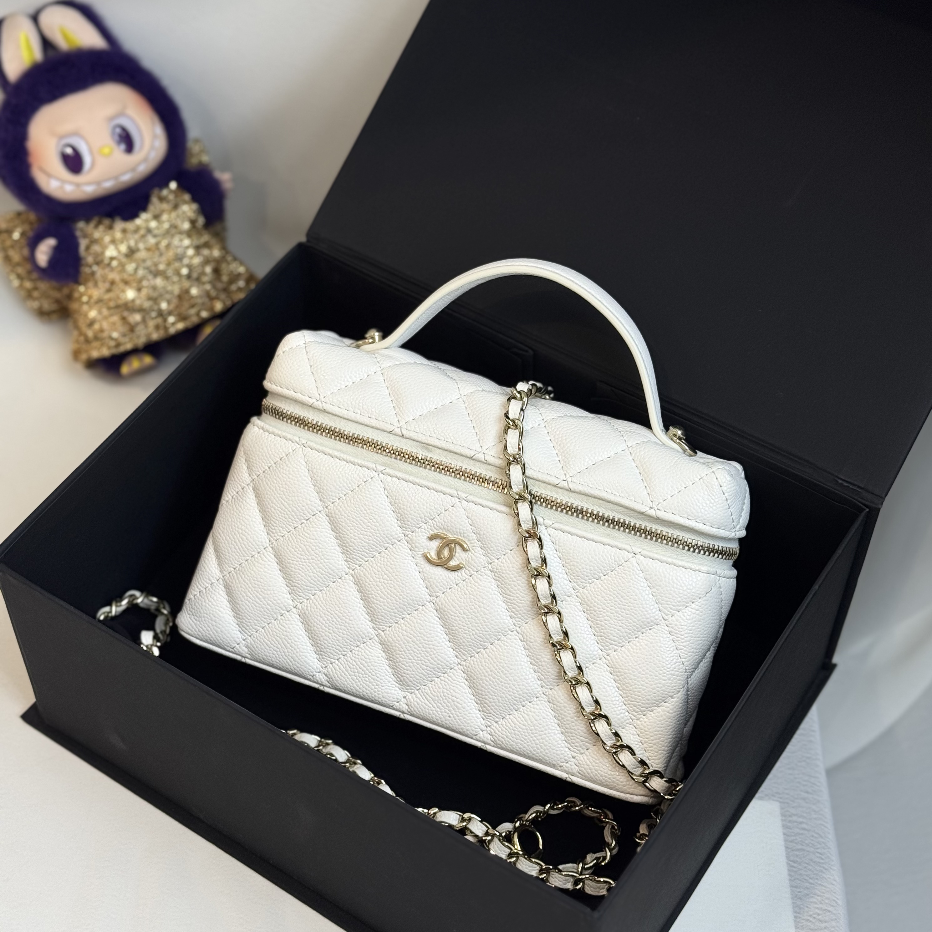 99新 Chanel/香奈儿 白金荔枝纹LP化妆盒链条单肩包