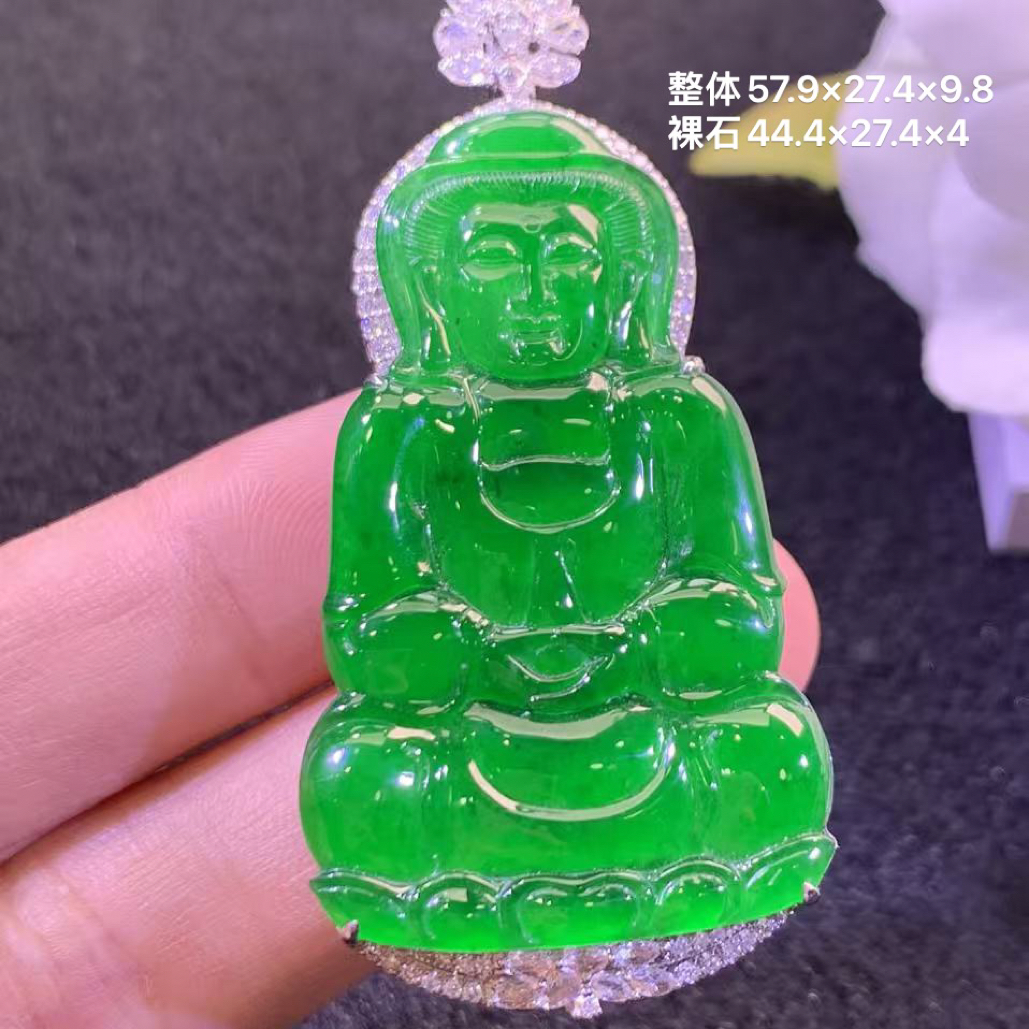 18k金镶嵌天然缅甸翡翠阳绿观音吊坠57.9×27.4×9.8/44.4×27.4×4
